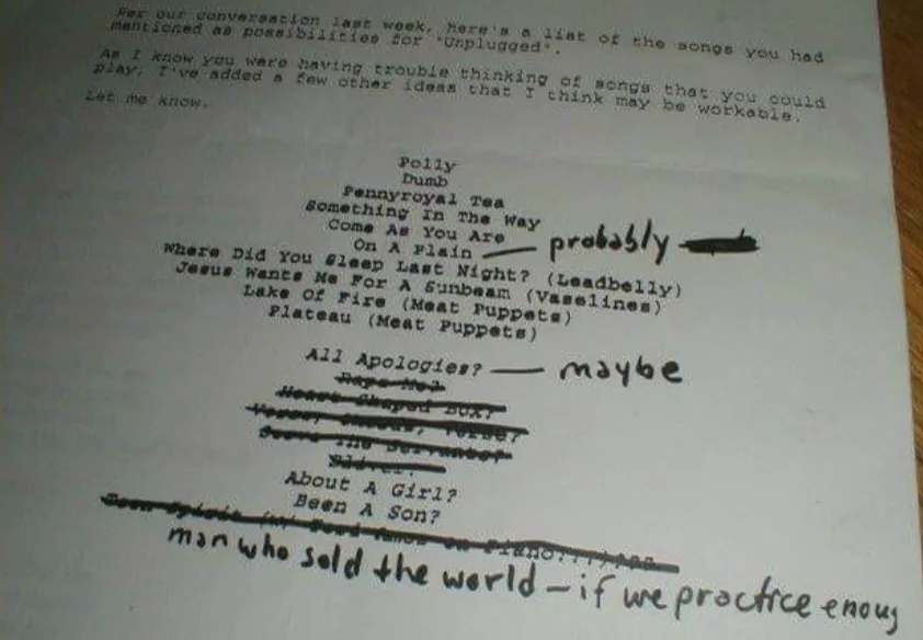 A typed document lists song suggestions for an 'unplugged' performance, with handwritten annotations like 'probably' and…