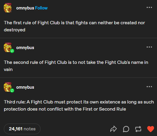 A screenshot of a Tumblr post showing three sequential comments from a user named 'omnybus' listing the first three rules of…