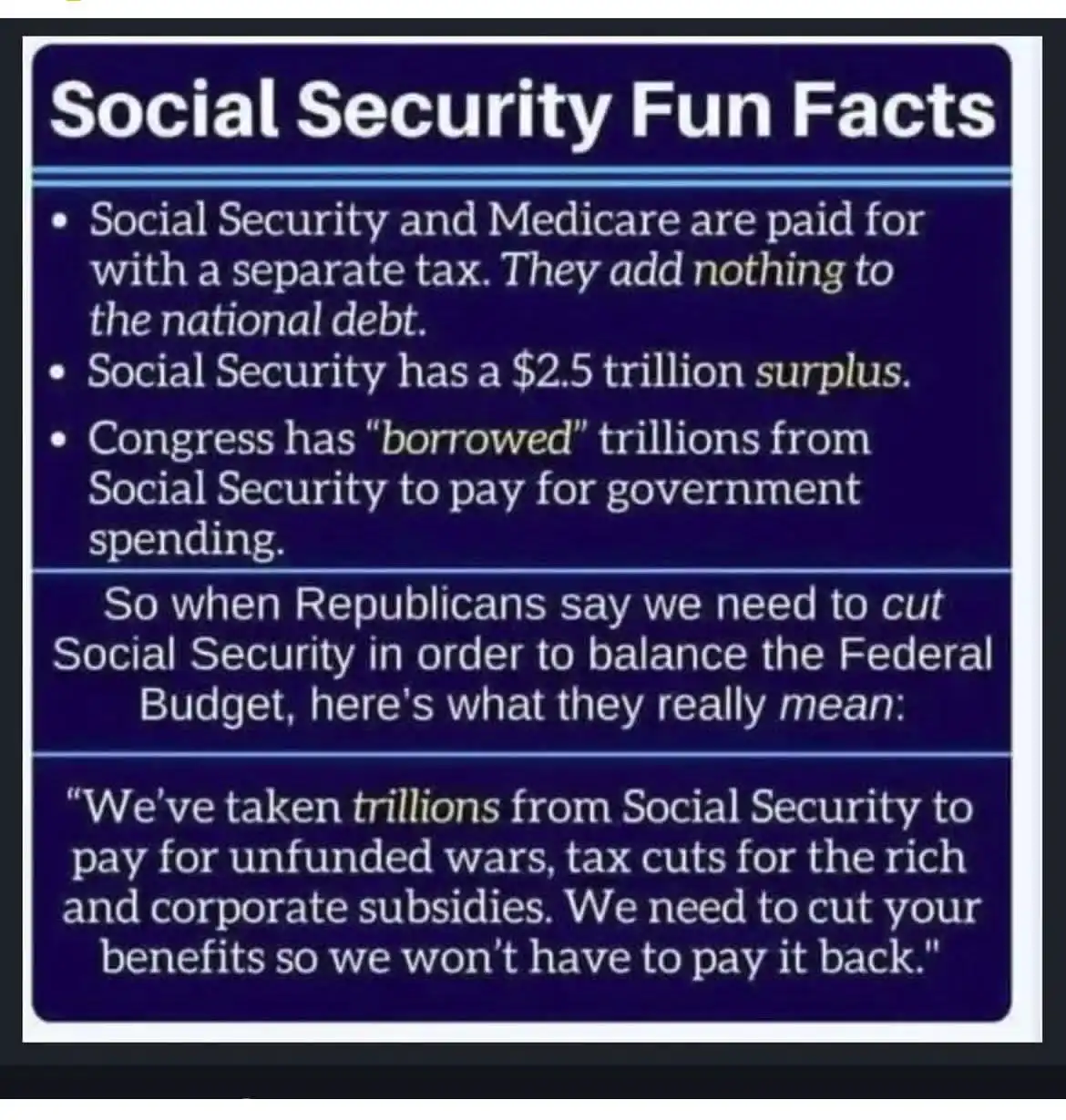 A dark blue infographic titled 'Social Security Fun Facts' lists three bullet points about Social Security funding and a…