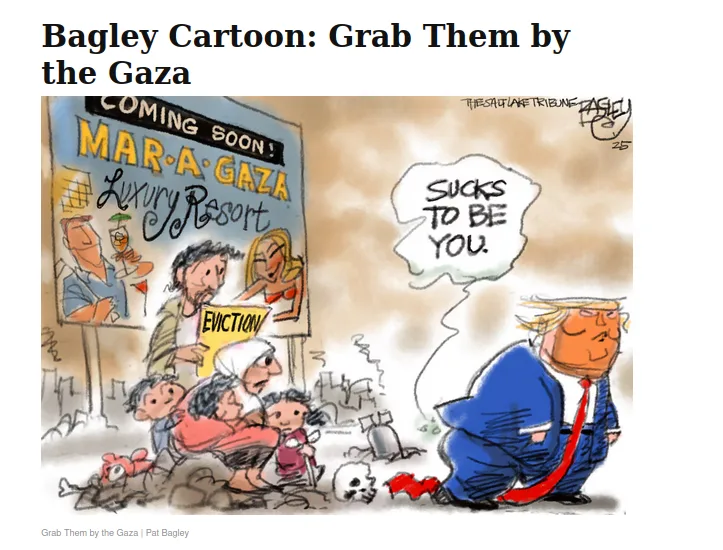 A cartoon depicts Donald Trump kneeling on the ground with a thought bubble saying 'SUCKS TO BE YOU.' Behind him, a family…