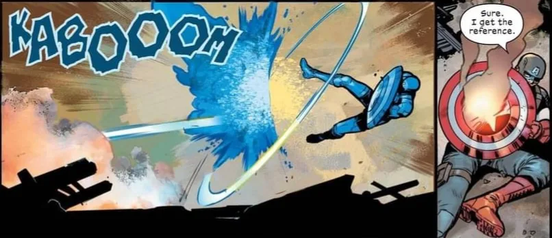 A comic book panel shows Captain America flying backward through a blue explosion labeled 'KABOOM' while holding his shield…