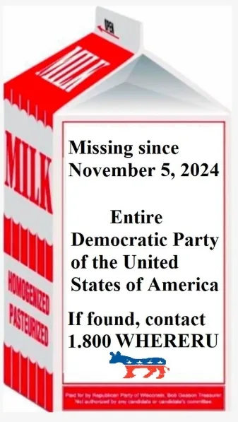 A red and white milk carton with 'MILK HOMOGENIZED PASTEURIZED' printed on its side. The front panel displays text mimicking…
