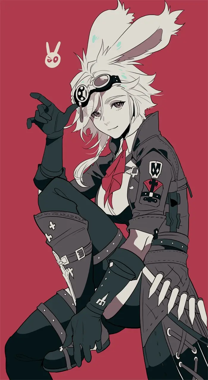 An anime-style character with white hair, bunny ears, and goggles points at the viewer with a smug expression. They wear a…