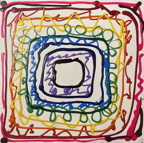 A colorful abstract painting features concentric, wavy square outlines in rainbow hues—pink, red, orange, yellow, green…