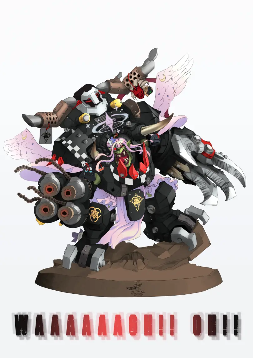 A heavily armored, monstrous figure with pink wings, multiple mechanical limbs, and a demonic face is depicted in a dynamic…