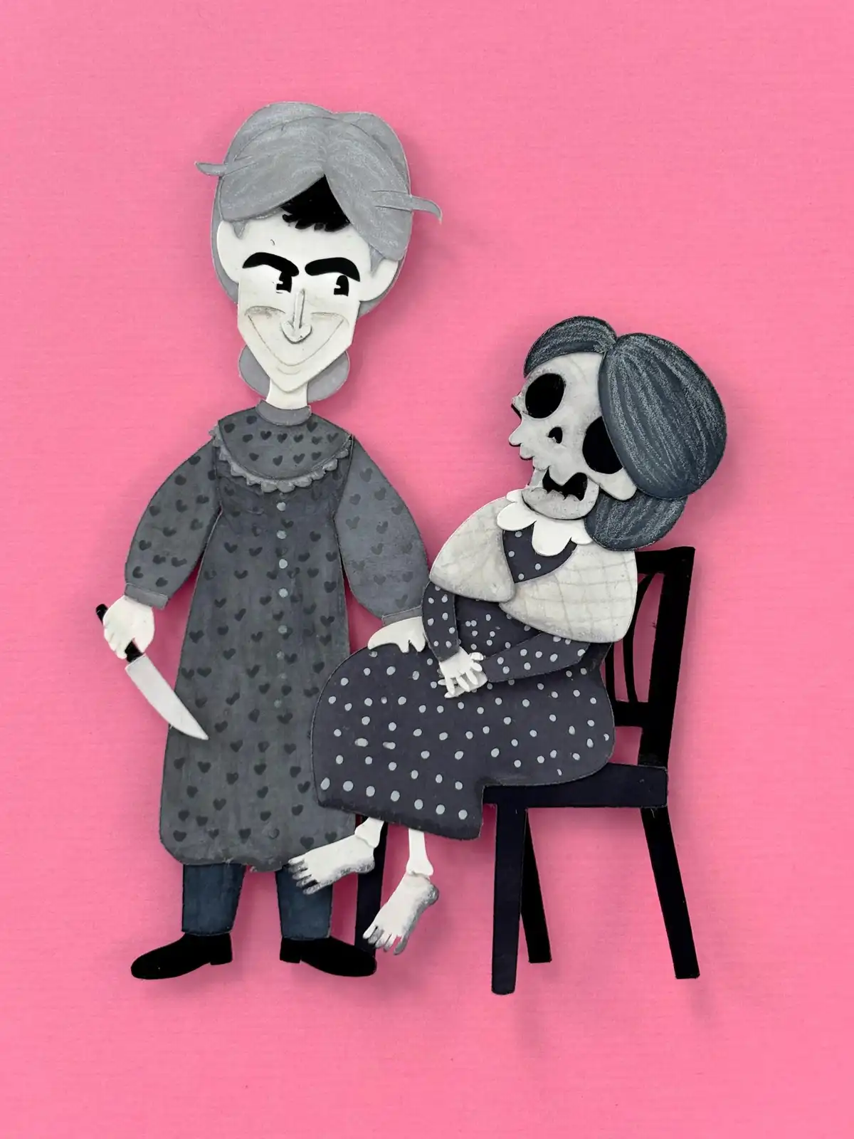 A paper-cutout style illustration shows an elderly woman with gray hair holding a large knife, standing beside a seated…