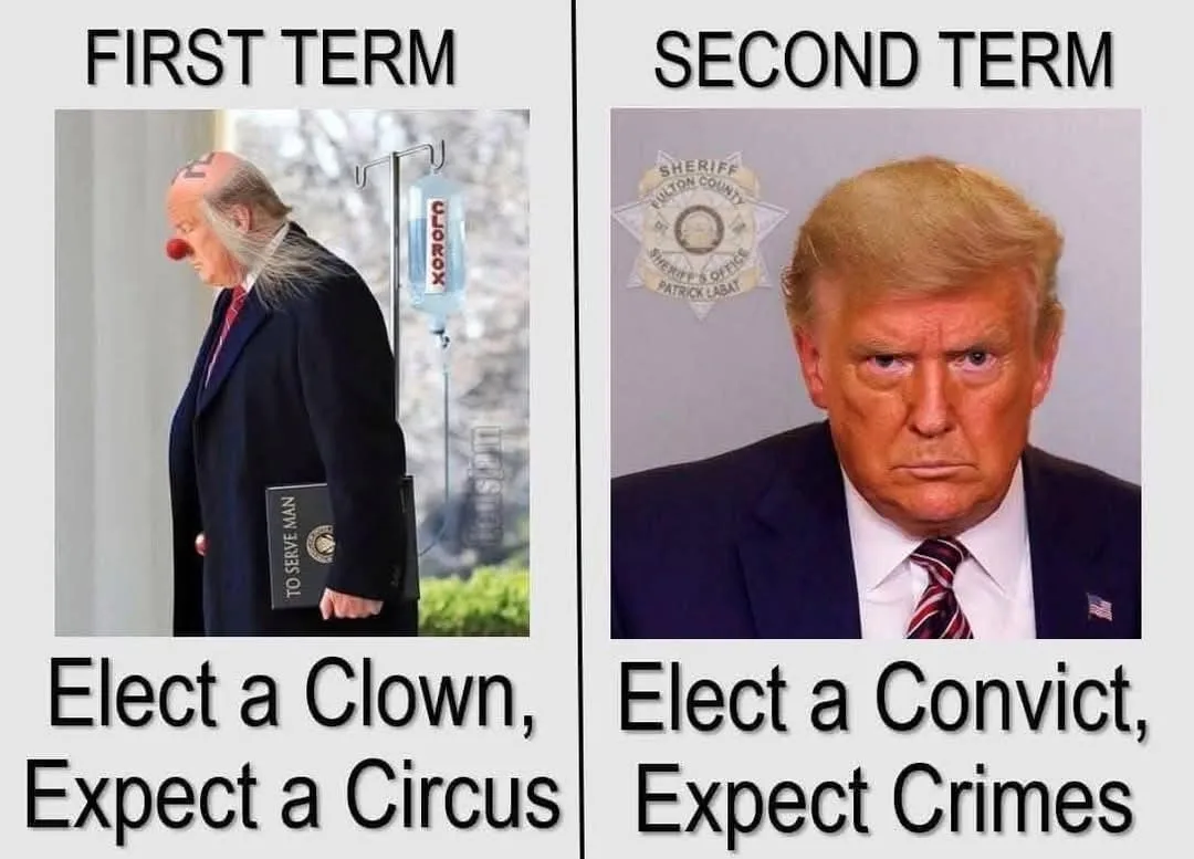 The image is split into two panels. Left: A man in a suit with a red clown nose and long hair, holding a 'TO SERVE MAN'…