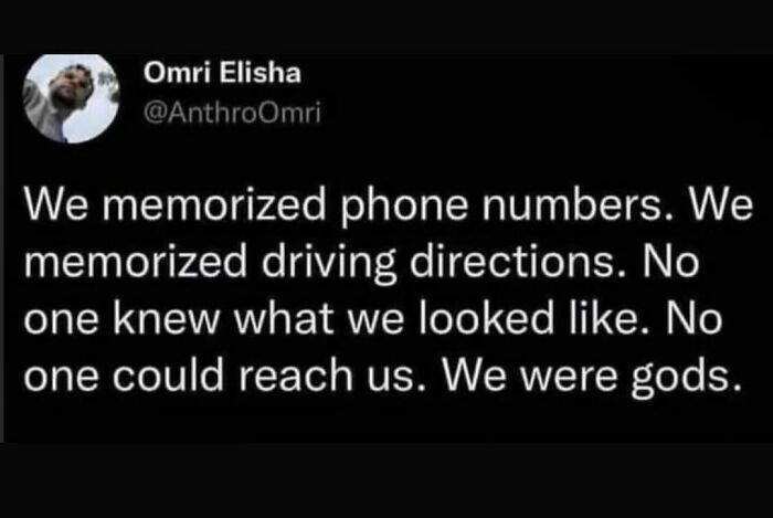A screenshot of a tweet by Omri Elisha (@AnthroOmri) with white text on a black background. The text reads: 'We memorized…
