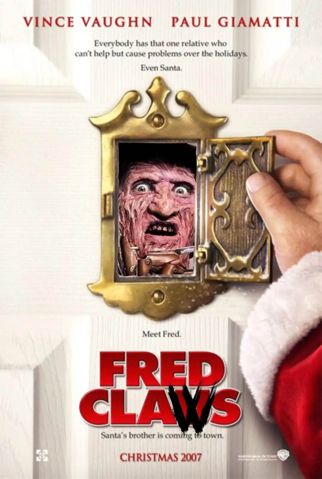 A movie poster for 'Fred Claus' shows a hand in a Santa suit opening a brass door knocker to reveal a grotesque, screaming…