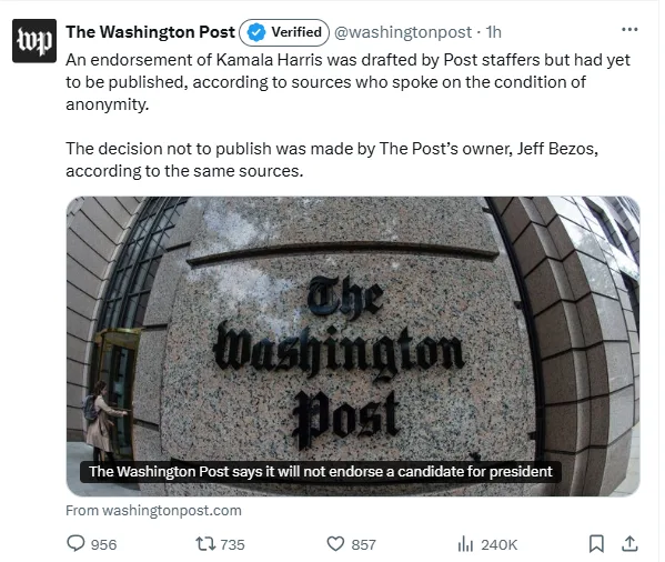 A screenshot of a Washington Post tweet shows a photo of the newspaper's building with the text overlay 'The Washington Post…
