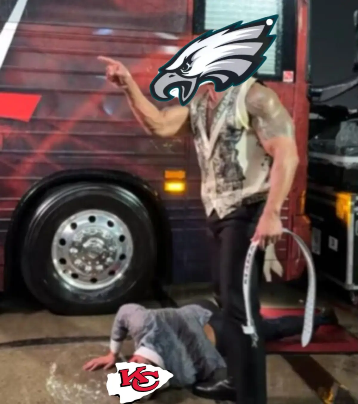 A muscular man with the Philadelphia Eagles logo over his face stands triumphantly, pointing down at another man on the…