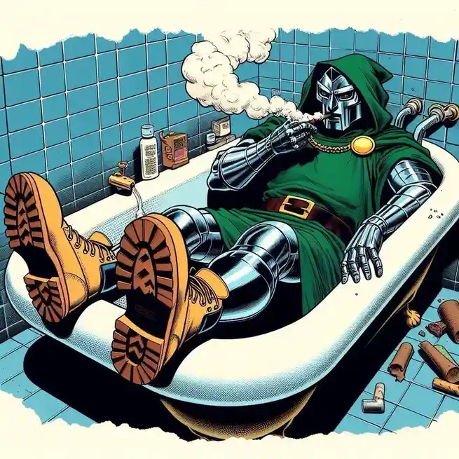A comic-style illustration shows the villain Doctor Doom lounging in a bathtub, smoking a cigarette while wearing his…