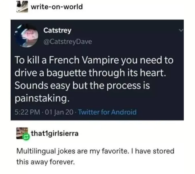 A screenshot of a Twitter thread shows user Catstrey posting a joke about killing a French vampire with a baguette, followed…