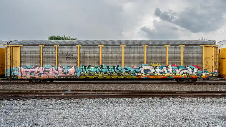 A side view of a Norfolk Southern freight train car covered in colorful, elaborate graffiti art, sitting on railway tracks…
