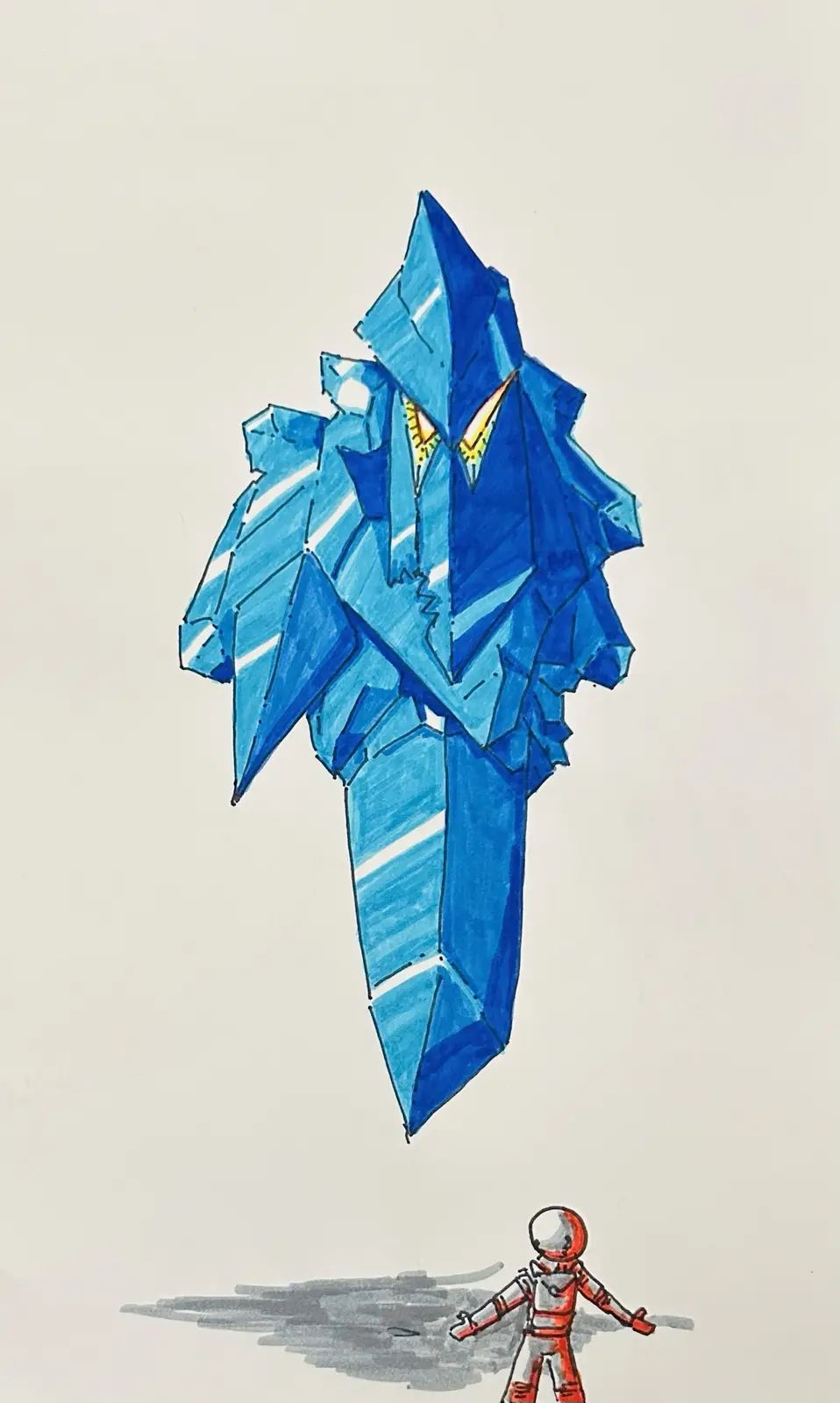 A hand-drawn image shows a small astronaut in a red suit standing on a grey surface, looking up at a massive, towering blue…