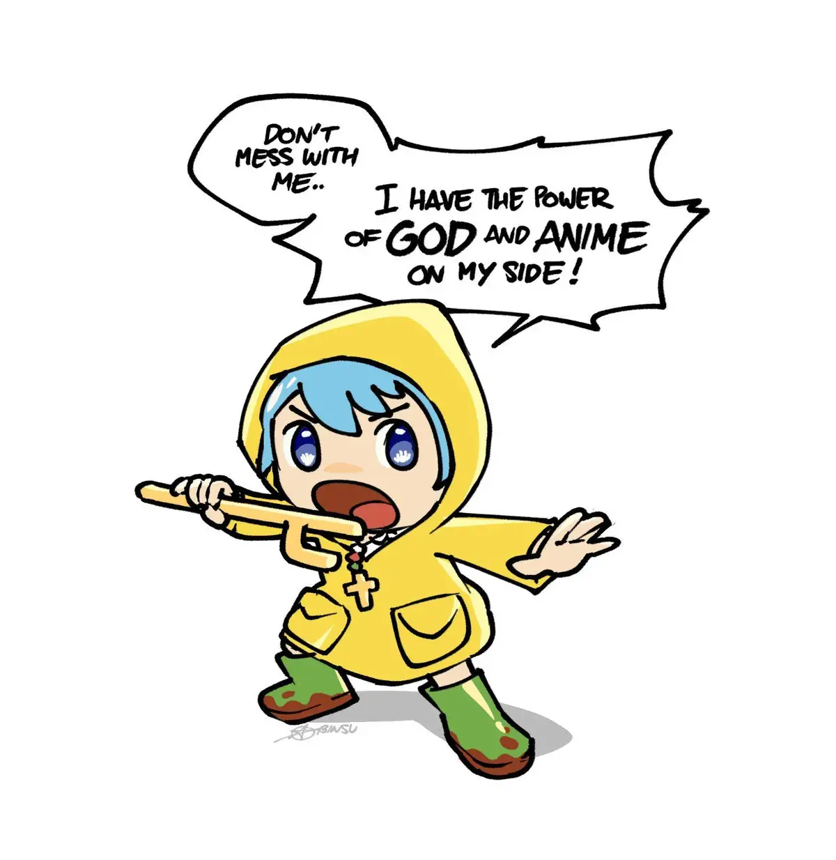 A cartoon character with blue hair and a yellow raincoat holds a wooden stick, wearing green boots and a cross necklace. Two…