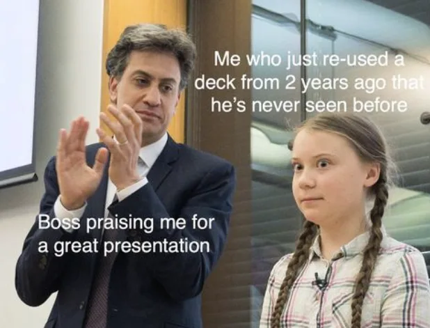 A man in a suit gestures while speaking, with text overlaying him reading 'Boss praising me for a great presentation.'…