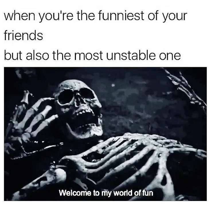 A black-and-white image of a skeletal figure with a wide, toothy grin, arms raised in a chaotic or welcoming gesture. The…