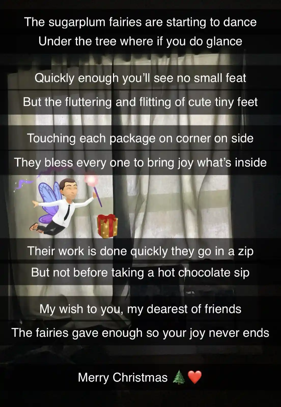 The image shows a dark room with curtains, overlaid with white text that reads a poem about sugarplum fairies dancing under…