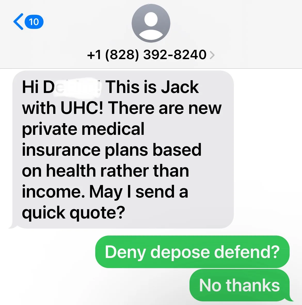 A screenshot of a text message conversation shows a UHC representative named Jack offering new health-based insurance plans…