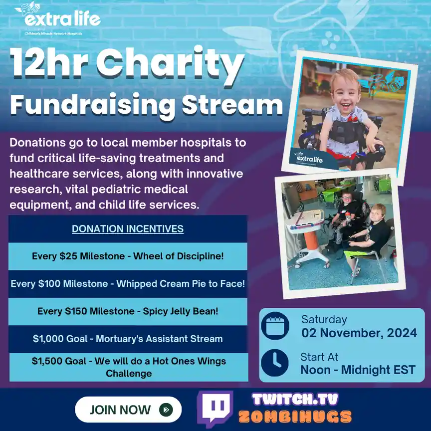 This is a promotional graphic for a Twitch charity stream by 'ZombiHugs' for Extra Life, featuring photos of smiling…