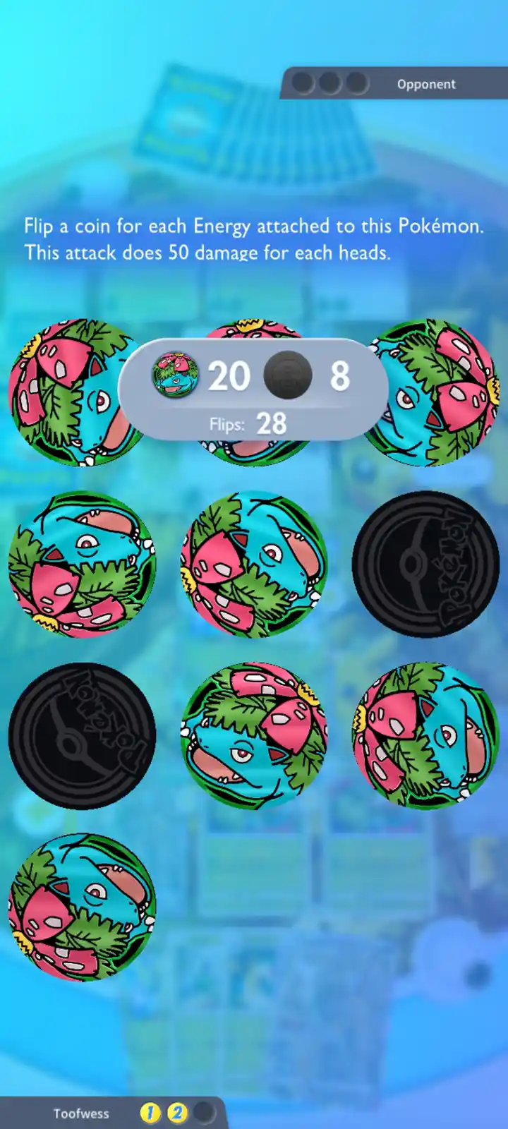 A Pokémon TCG battle screen shows a Pokémon with multiple energy cards, and a coin-flip attack interface displaying 20…