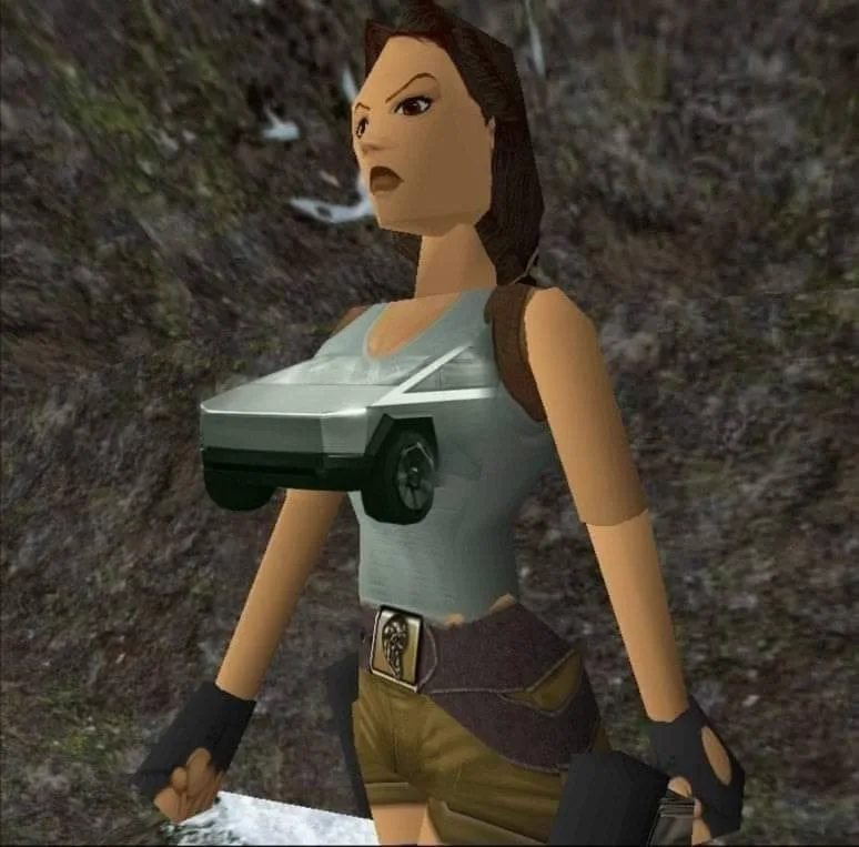 A 3D-rendered video game character, resembling Lara Croft, stands in a rocky outdoor setting. A small silver car is visibly…