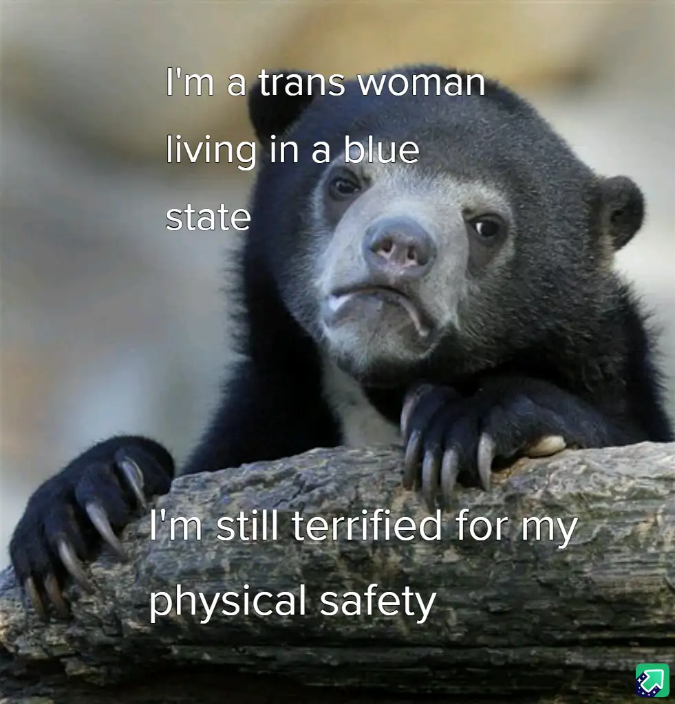 A close-up photo of a sad-looking, dark-furred bear with a downturned mouth, resting its paws on a log. White text is…