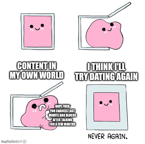 A four-panel comic strip featuring a pink, blob-like cartoon character in a frame. The first panel shows the character…
