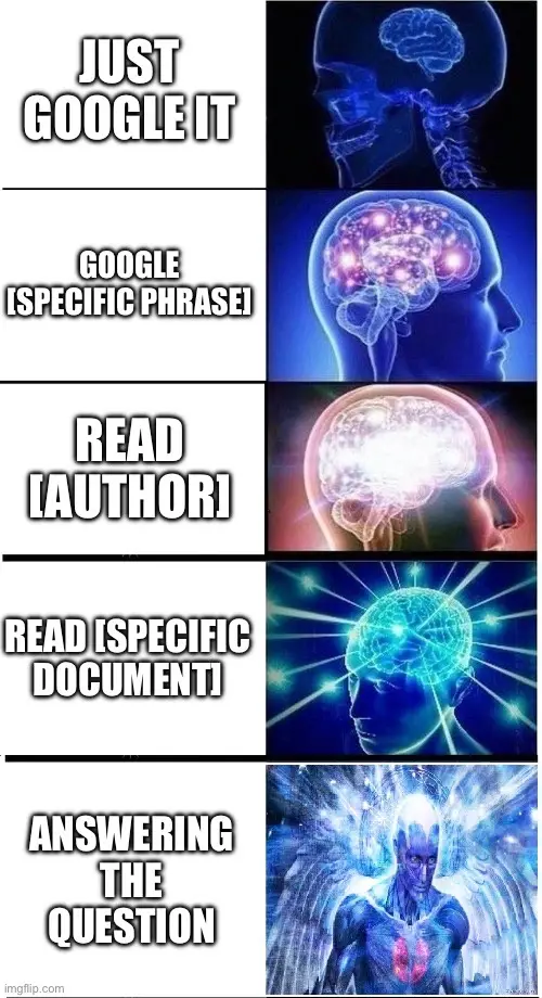 A five-panel meme showing a progression from a simple brain scan to a glowing, divine figure. Each panel has text: 'JUST…