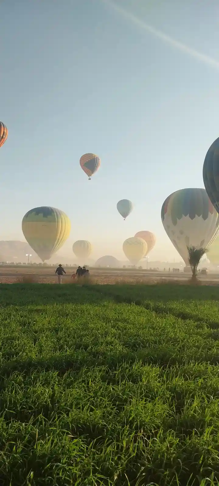 A scenic view of numerous colorful hot air balloons floating and resting in a hazy field at dawn, with people walking nearby…