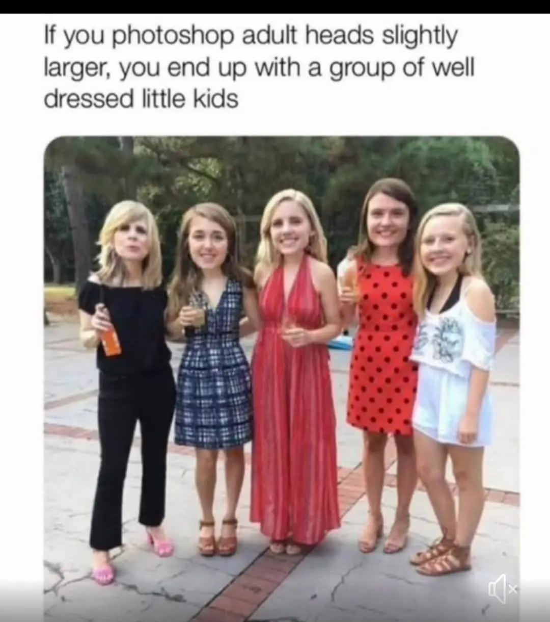 Five young women in dresses and heels stand together outdoors, their heads have been digitally enlarged to appear comically…