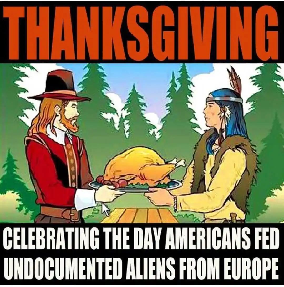 An illustrated image depicts a pilgrim in a red coat and hat handing a roasted turkey on a platter to a Native American in…