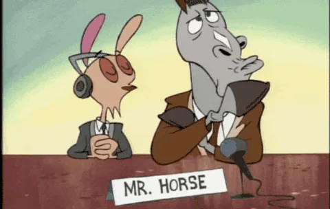 A six-panel comic strip from 'The Powerpuff Girls' shows Mr. Horse, a gray donkey in a suit, repeatedly saying 'NO SIR I…