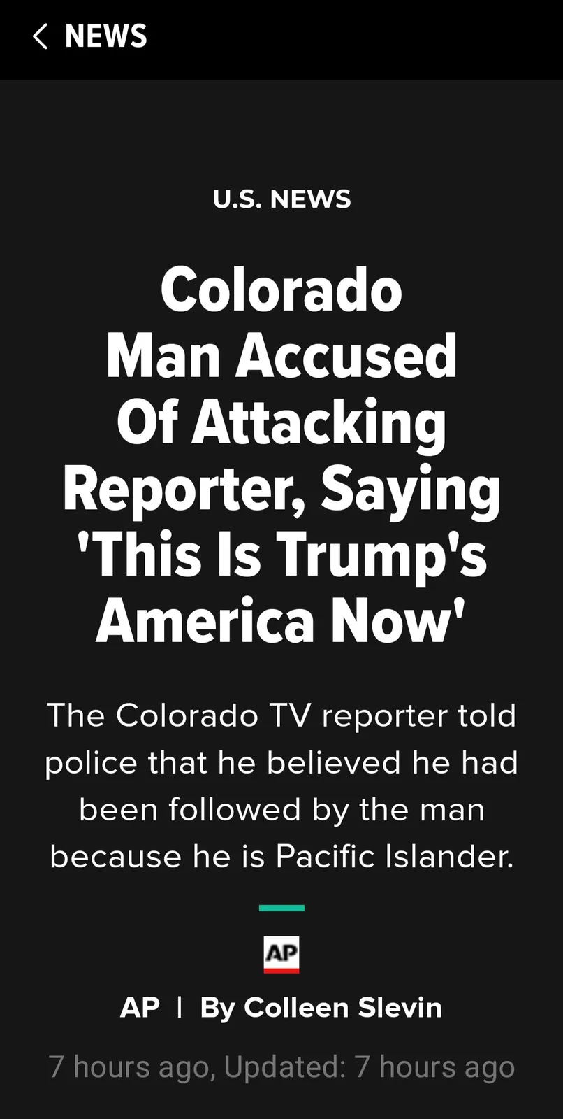 A screenshot of a U.S. News article from AP, with a black background and white text. The headline reads 'Colorado Man…