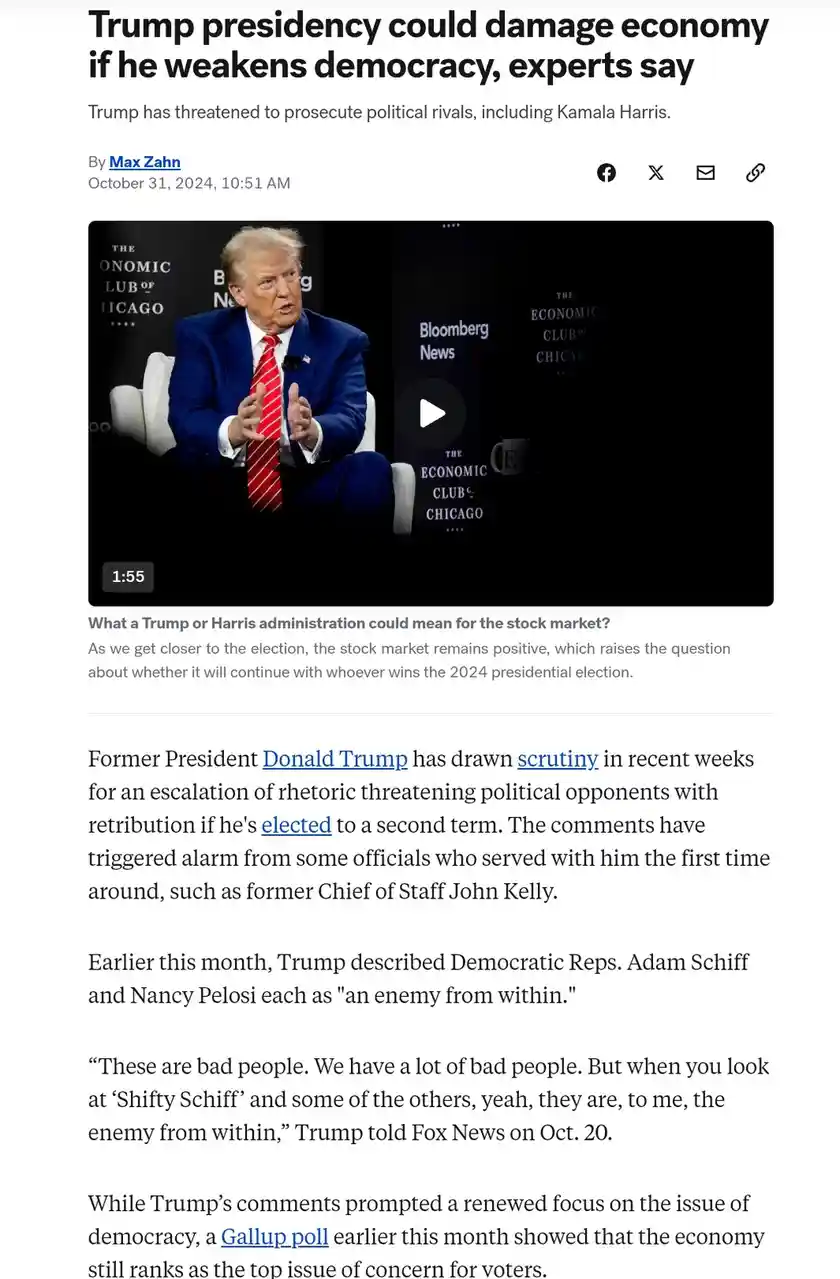 A screenshot of a news article shows a video thumbnail of Donald Trump speaking at The Economic Club of Chicago, with the…