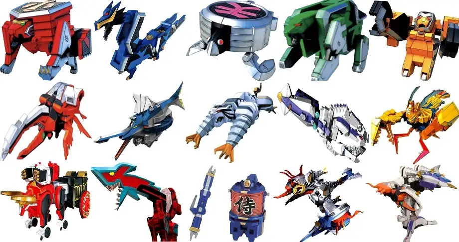 This image displays all 15 mecha from the 1994 tokusatsu series 'Dinosaur Warriors' (Kyoryu Sentai Ryusoulger), arranged in…