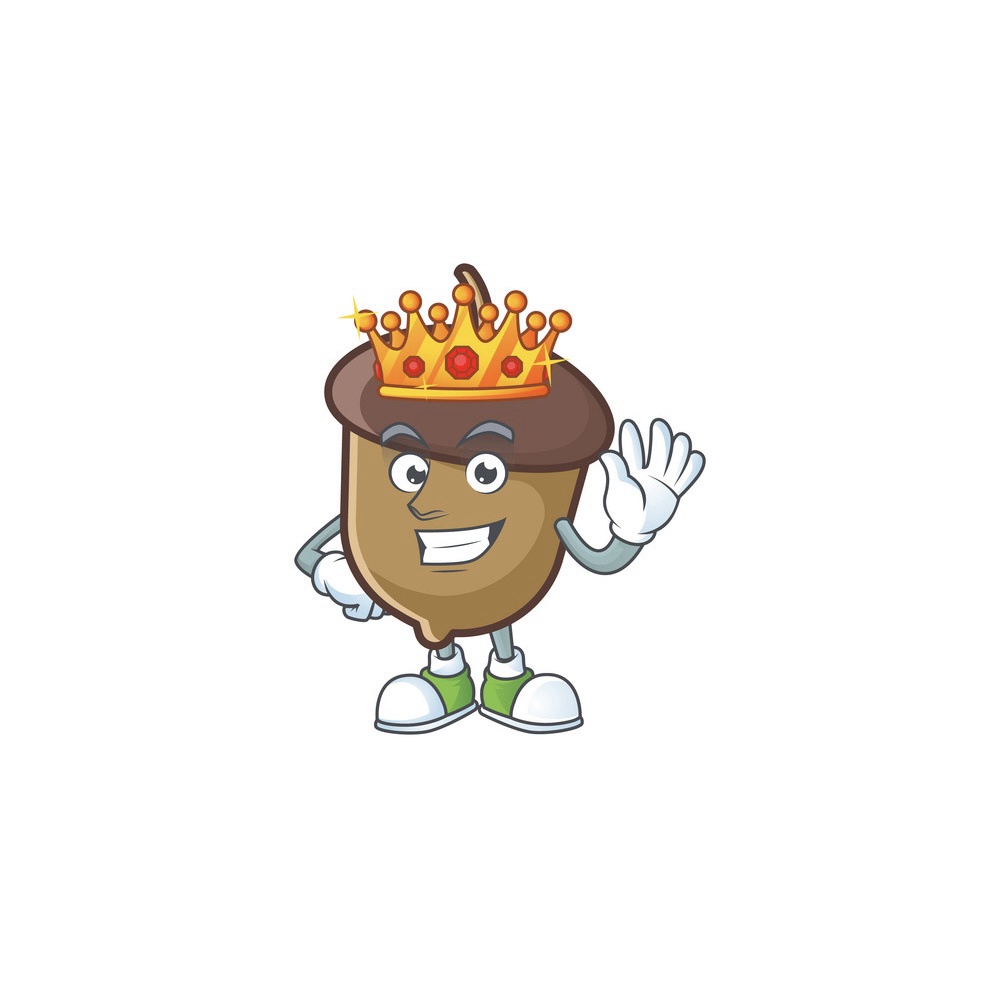 A cartoon acorn character with a smiling face, wearing a golden crown with red jewels and waving with one hand while the…
