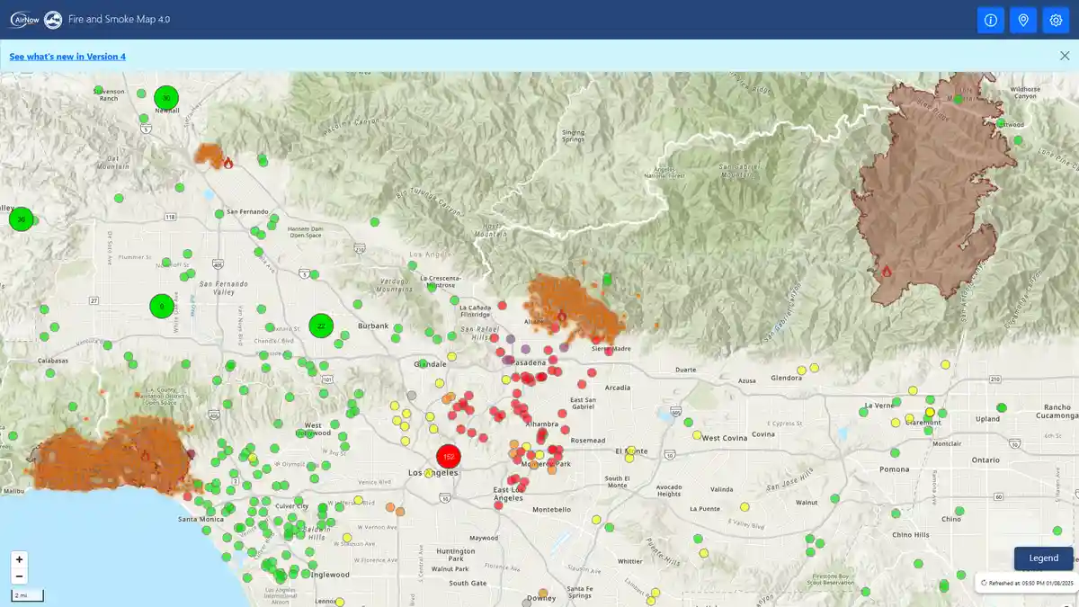 A screenshot of the 'AirNow Fire and Smoke Map 4.0' displays a map of Southern California with numerous colored dots…