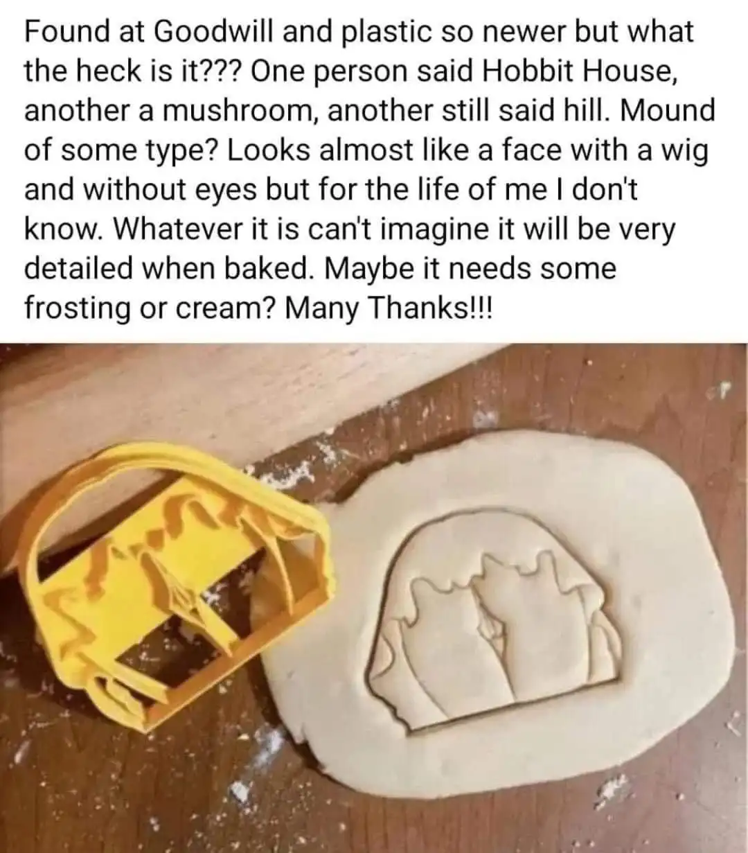 A yellow plastic cookie cutter with an ambiguous, abstract shape is shown next to a piece of rolled-out dough with the same…