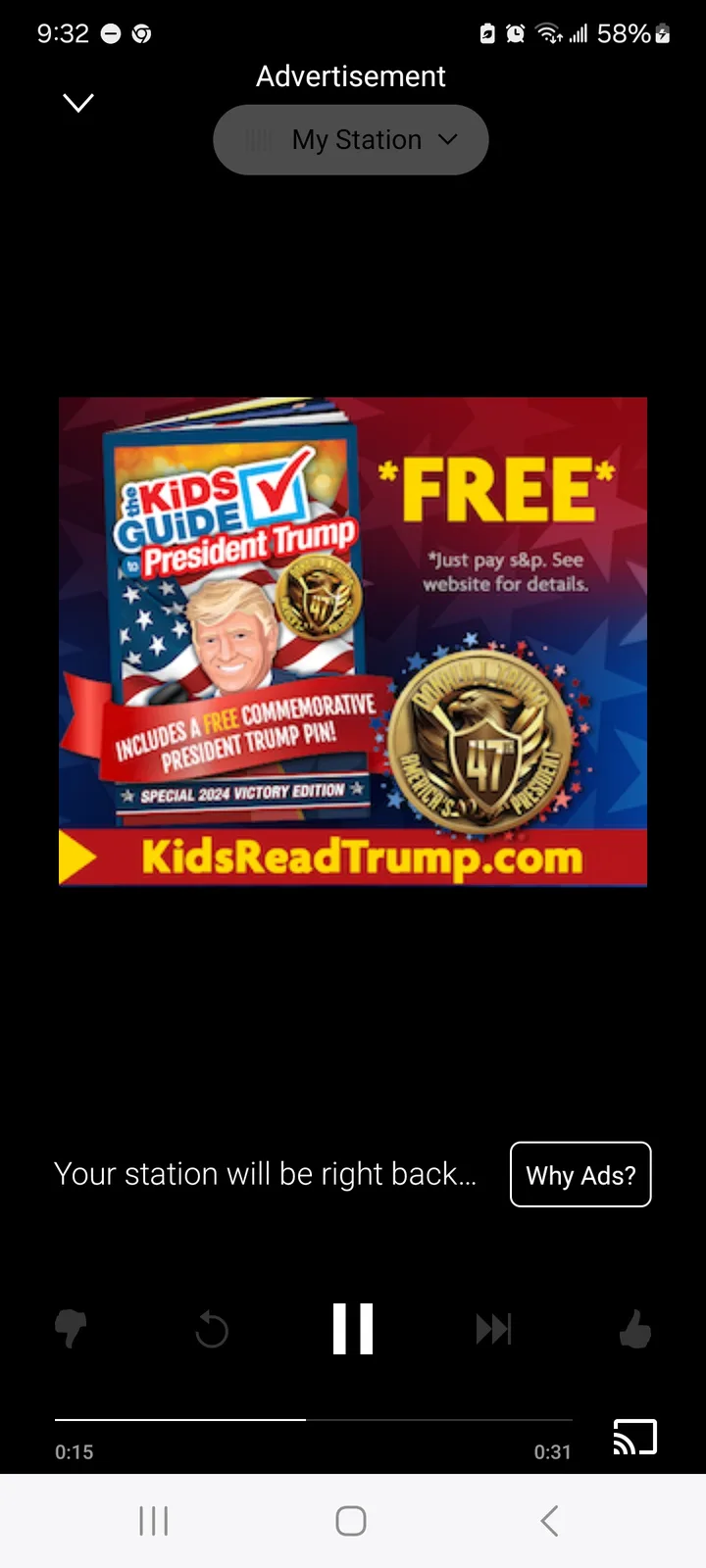 An advertisement for 'The Kids Guide to President Trump' book, labeled as free with a commemorative pin, features a cartoon…