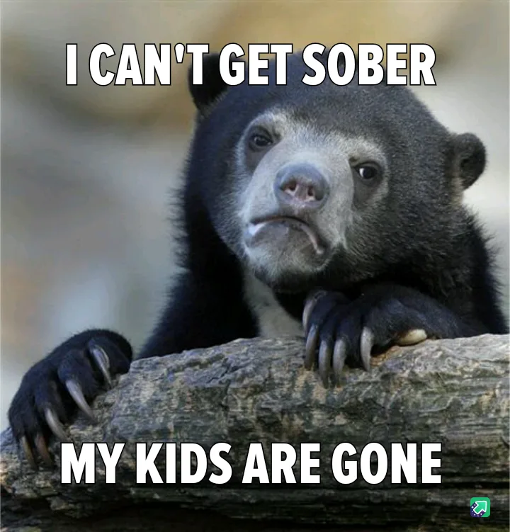 A close-up photo of a sad-looking spectacled bear resting its paws on a log, with the text 'I CAN'T GET SOBER' at the top…