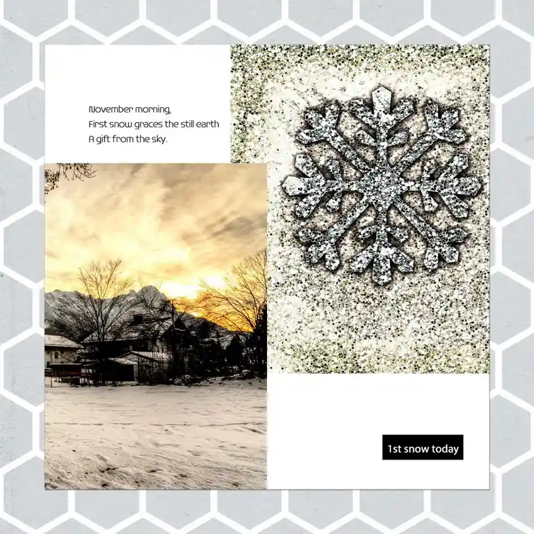A collage image features a snowy landscape at sunrise with mountains and bare trees, a glittery snowflake graphic, and text…