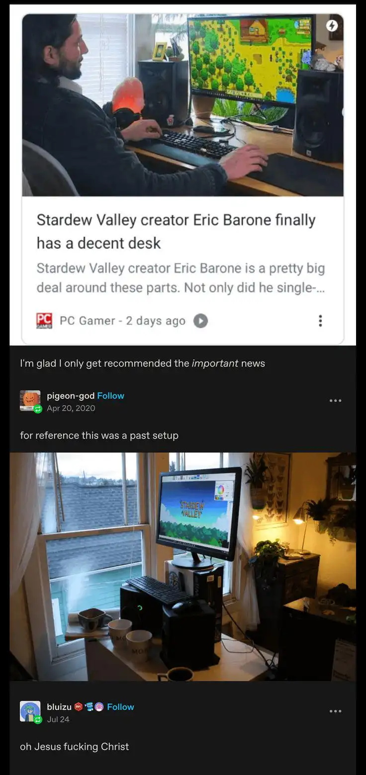 The meme juxtaposes two images: the top shows Stardew Valley creator Eric Barone at a modern, clean gaming desk with a large…