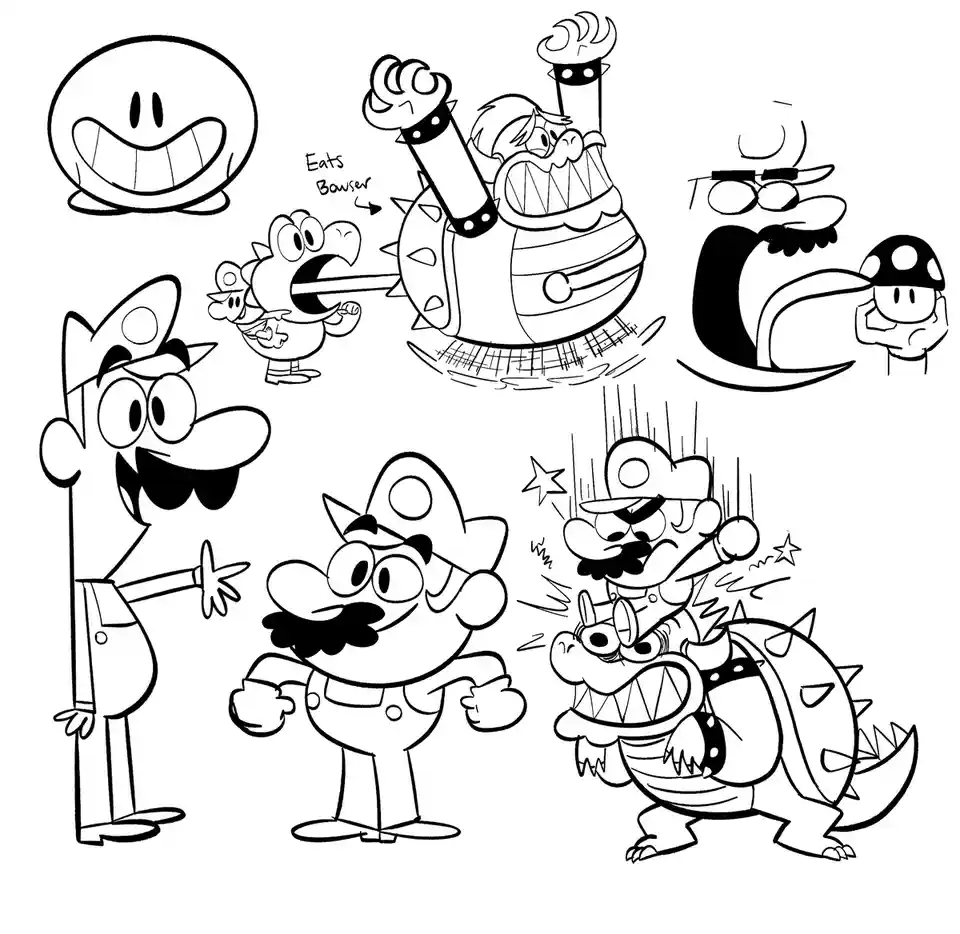 A black-and-white line art collection of cartoon characters, including Mario, Luigi, Bowser, and others, in various poses…