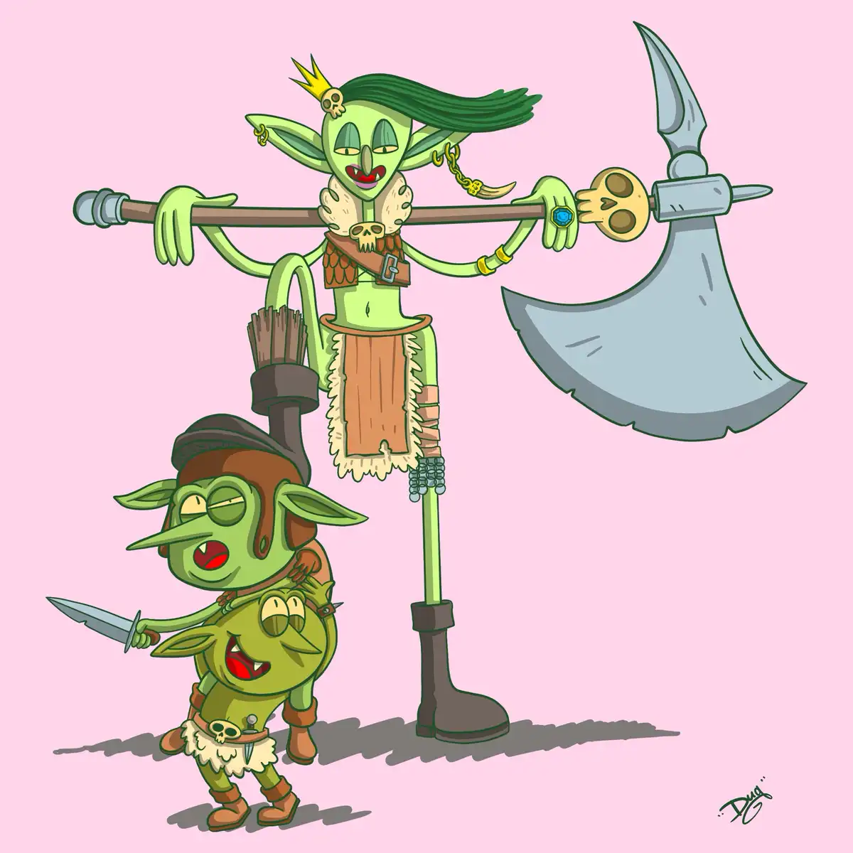 A cartoonish green-skinned female orc queen with a skull crown and a large axe stands tall, while two smaller green orcs…