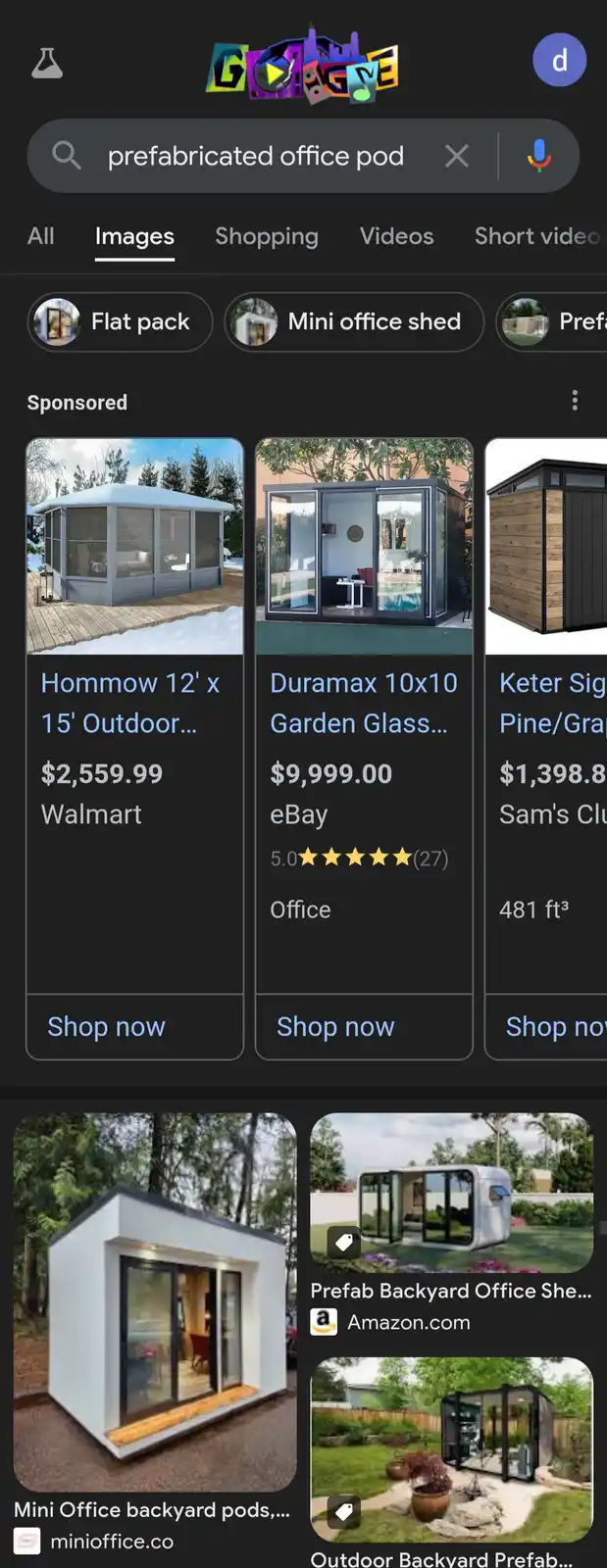 A screenshot of a Google Images search for 'prefabricated office pod' shows various outdoor structures marketed as office…
