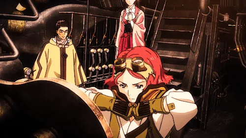 A six-panel anime sequence shows a red-haired woman in a white tank top and goggles operating machinery. In the first three…