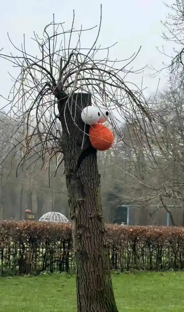 A white-faced, orange-bodied cartoon character with a simple smile is stuck in the trunk of a bare, leafless tree in a park…