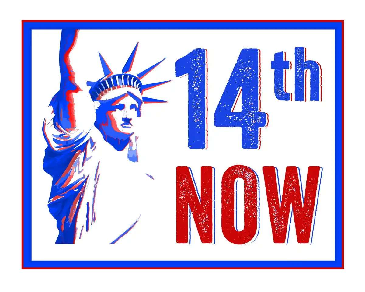 A stylized graphic of the Statue of Liberty in red, white, and blue, with the text '14th' in large blue letters above 'NOW'…